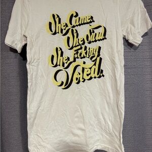 Wildfang White T-Shirt with Bold Black and Yellow Text